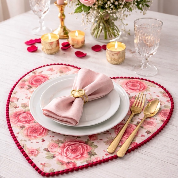 Nicole Miller Home Heart Shaped Floral Placemats Pom Pom Valentine Set of 4 NWOT - Picture 4 of 13